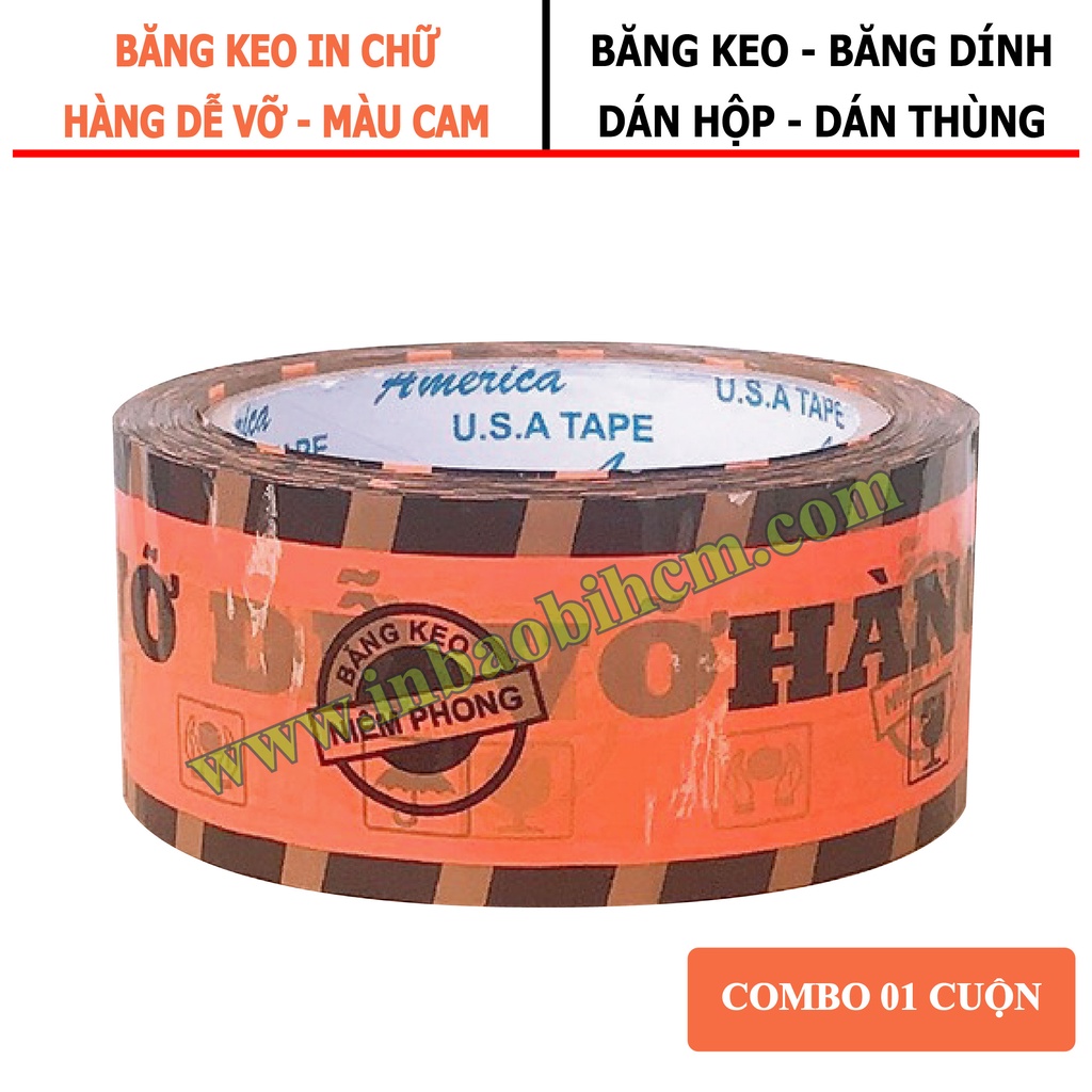 Băng keo HÀNG DỄ VỠ siêu dính màu CAM, Dày 50 Mic, Bản 4F8, Băng keo dán hộp, dán hộp giá rẽ, InbaobiHCM