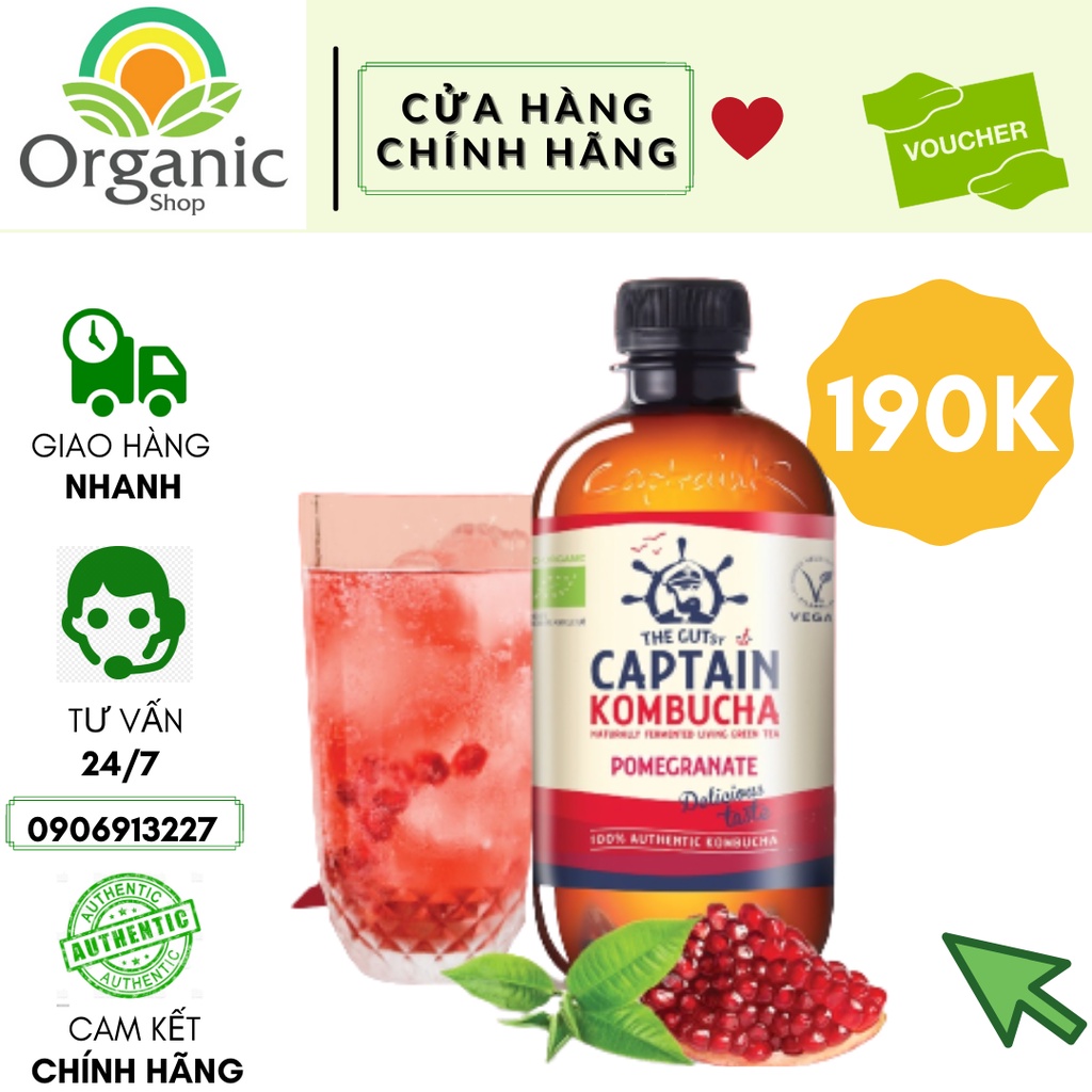 Trà Kombucha hữu cơ vị Lựu Captain Kombucha 400ml