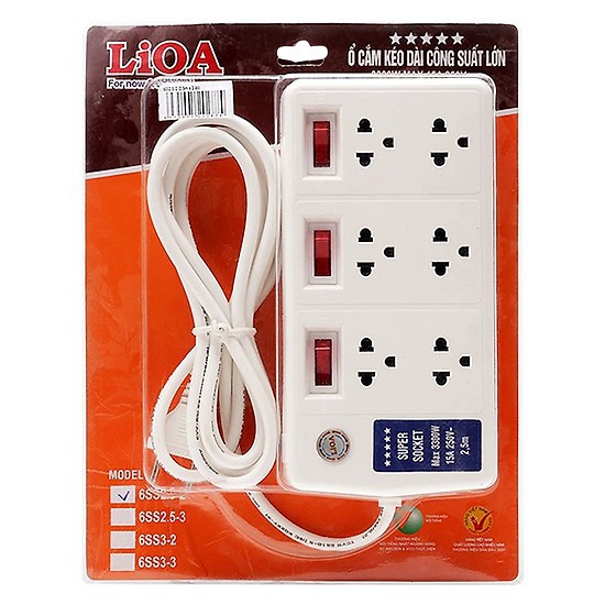 Ổ Cắm Kéo Dài Công Suất Lớn 3300W LiOA, 6 Ổ Cắm, Bảo Vệ Qúa Tải Bằng CB. MSP: 6SS2.5-2