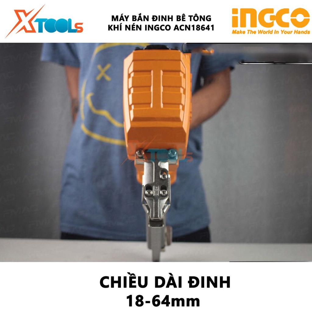Máy bắn đinh bê tông INGCO ACN18641 | Súng bắn đinh hơi Khả năng chứa đinh 70 pcs, Chiều dài đinh 18-64mm  gắn đinh tườn