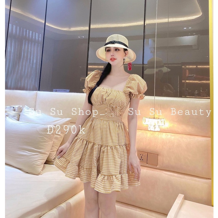 Đầm váy nữ xòe tay phồng cổ vuông xếp tầng sọc caro chất liệu kate thời trang nữ năng động trẻ trung