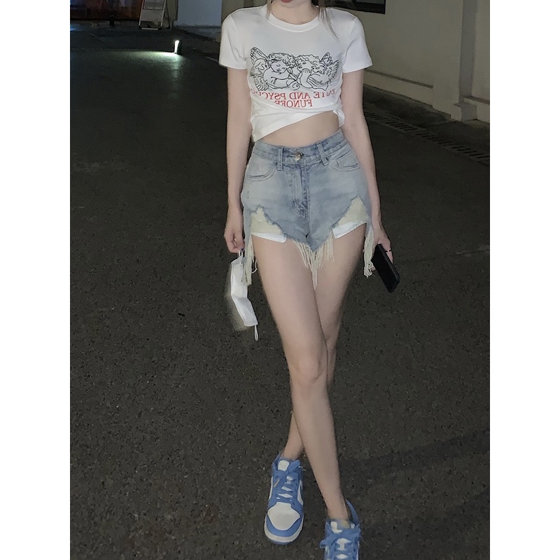 HUANG YOYO Quần Đùi Jeans Lưng Cao Phong Cách Hàn Quốc Thời Trang Cho Nữ