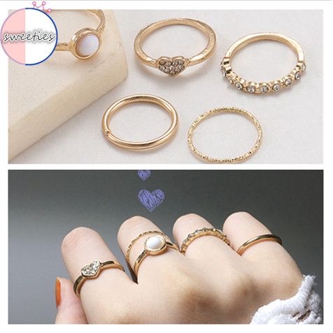 woman Korea simple 5 Pcs Pearl Heart Combination Ring charm girls rings set