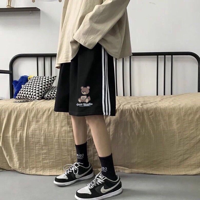 Quần Short unisex cotton hình gấu from rộng Nam Nữ