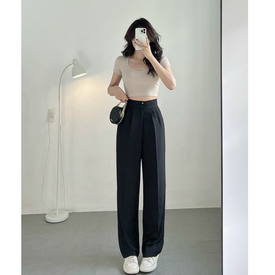 Quần culottes ống rộng suông dài, Quần tây lưng cao 2 cúc chất dày cao cấp 00126 Okélla