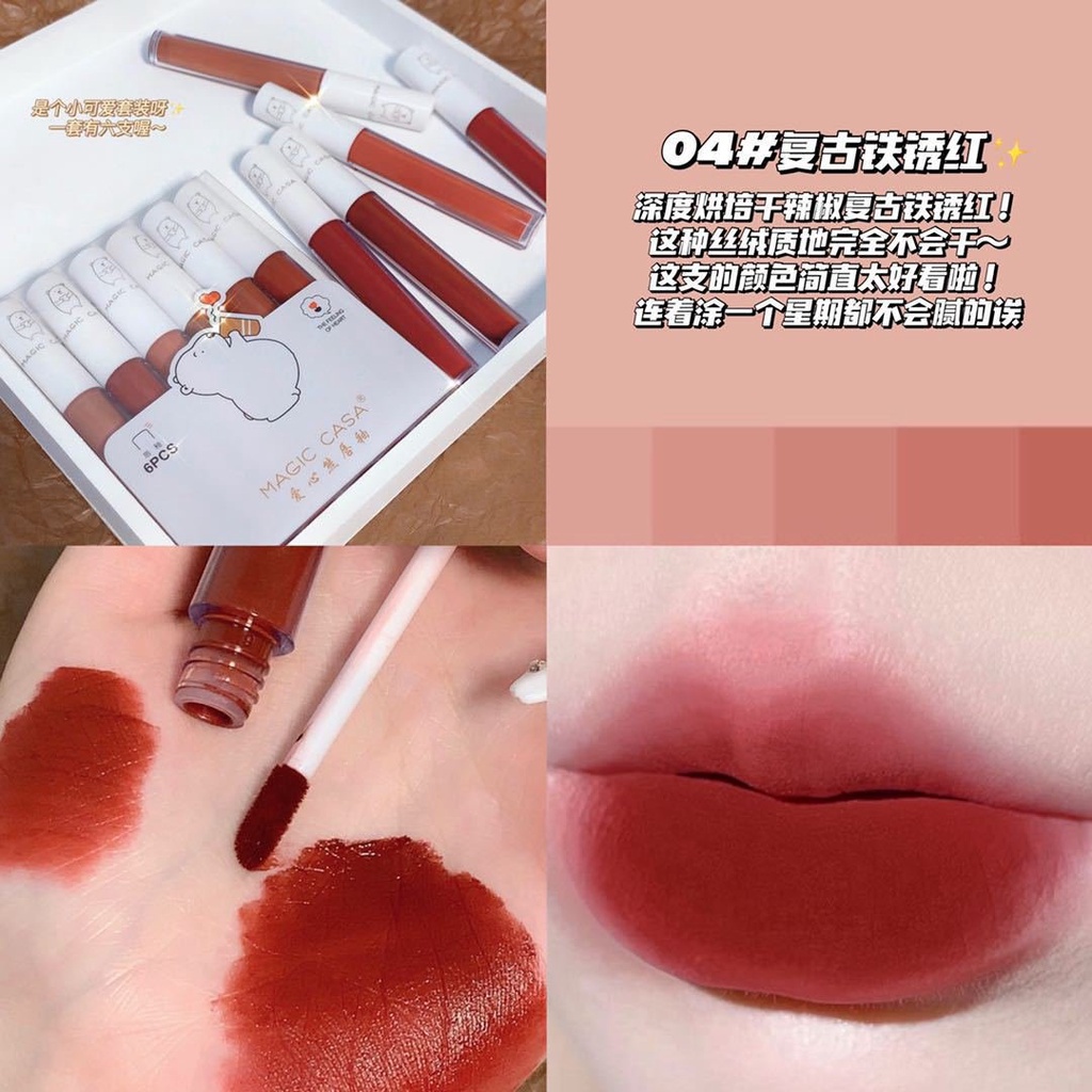 Set 6 Son Kem Lì Gấu Trắng MAGIC CASA Bear Fluffy Lip Glaze