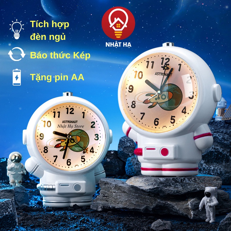 Đồng Hồ Báo Thức Để Bàn Mô Hình Phi Hành Gia cho bé Decor trang trí bàn học - Âm báo thức kép, động cơ kim trôi có đèn