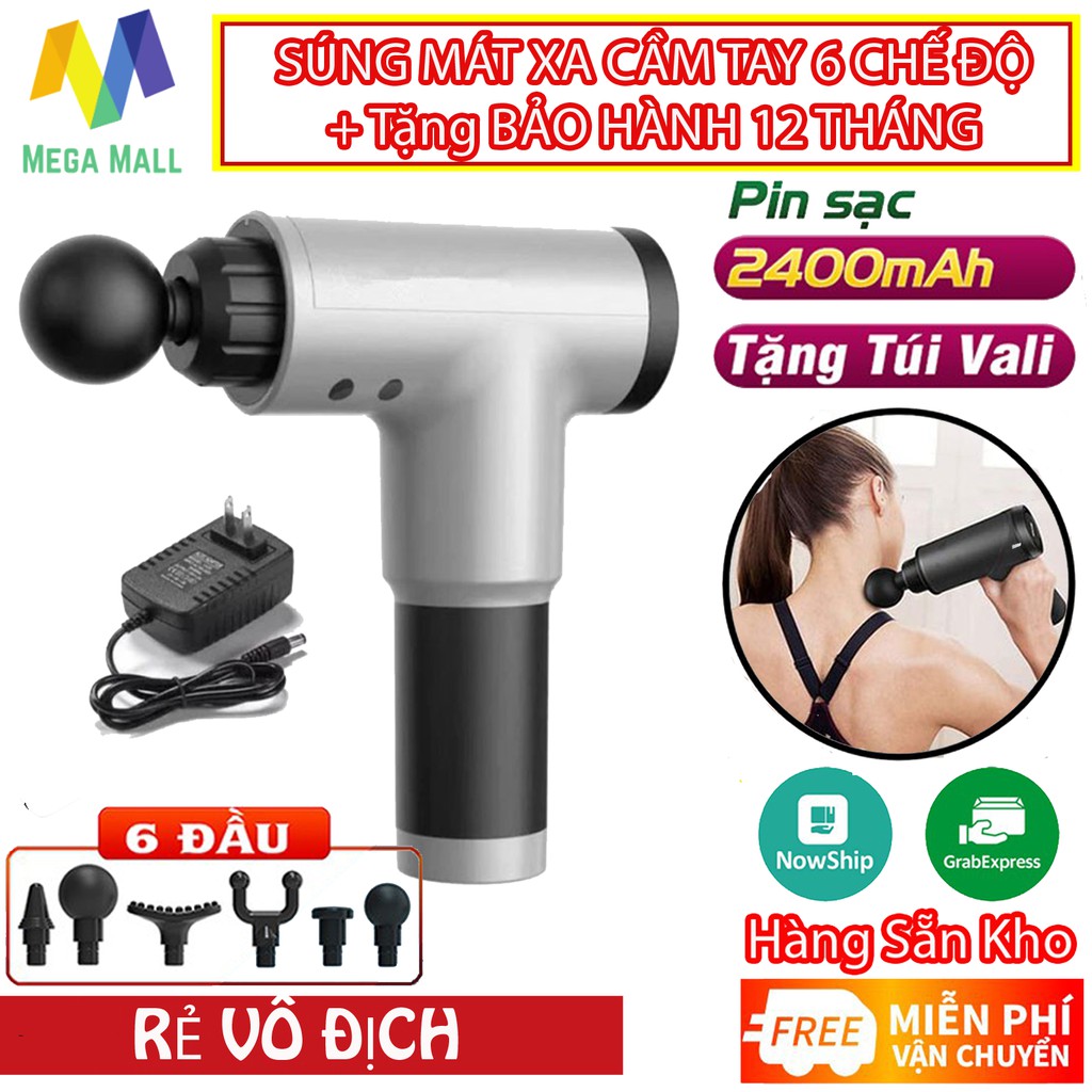 Máy massage cầm tay gun 6 chế độ, 4 đầu xoa bóp giảm đau cơ hiệu quả l Máy mát xa cầm tay không dây, tích điện dùng 5H