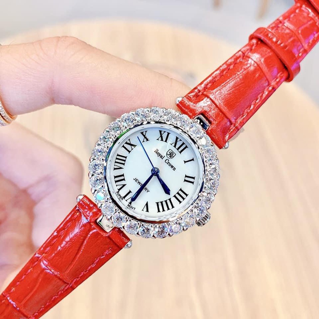 Đồng Hồ Nữ Royal Crown 6305 Mặt Tròn Đính Đá Dây Da Cao Cấp Full Box - Chống Nước, Chống Xước, Bảo Hành 12 Tháng
