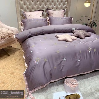 set LỤA CHÒM SAO HẠNH PHÚC tím bộ Chăn Ga Gối cưới  Lụa thêu cao  cấp