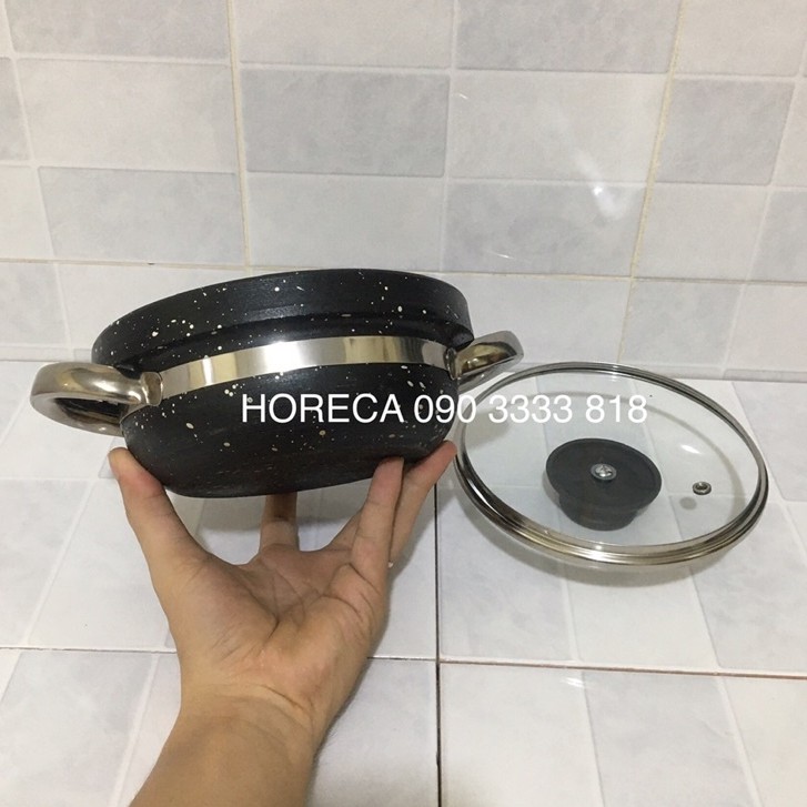 Nồi đá vân đen [dày 2cm] giữ nóng - có nắp đậy thuỷ tinh - có tay cầm inox