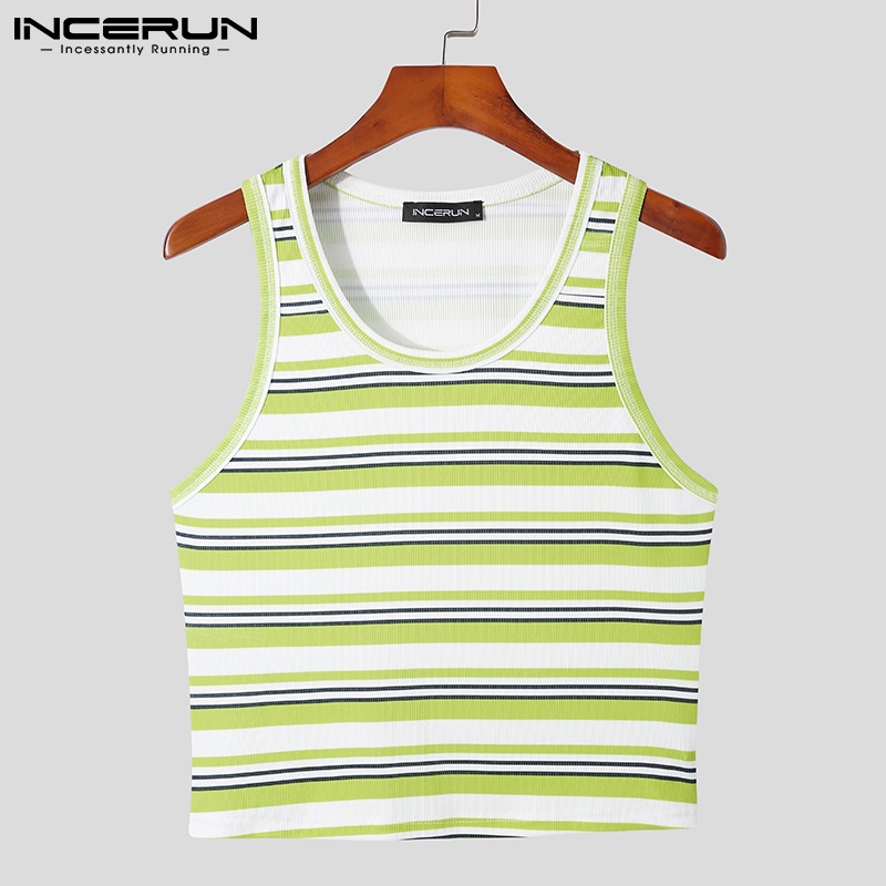 Áo thun ba lỗ INCERUN họa tiết kẻ sọc cổ tròn thời trang cho nam