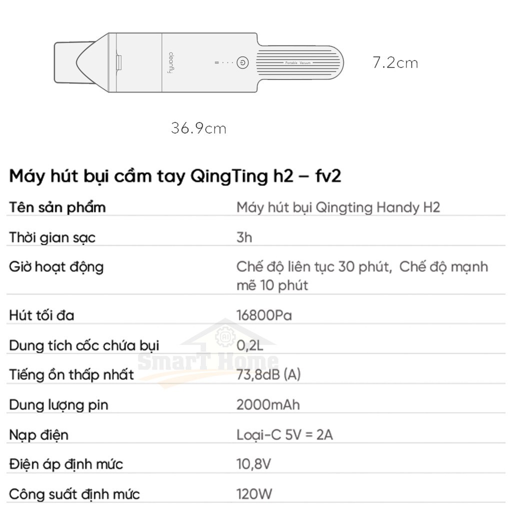 Máy Hút Bụi Cầm Tay Xiaomi Cleanfly FV2 - Máy Hút Bụi Mini QingTing Lực Hút  Mạnh Đạt 16800Pa, Độ Ồn Thấp 73.8dB(A)