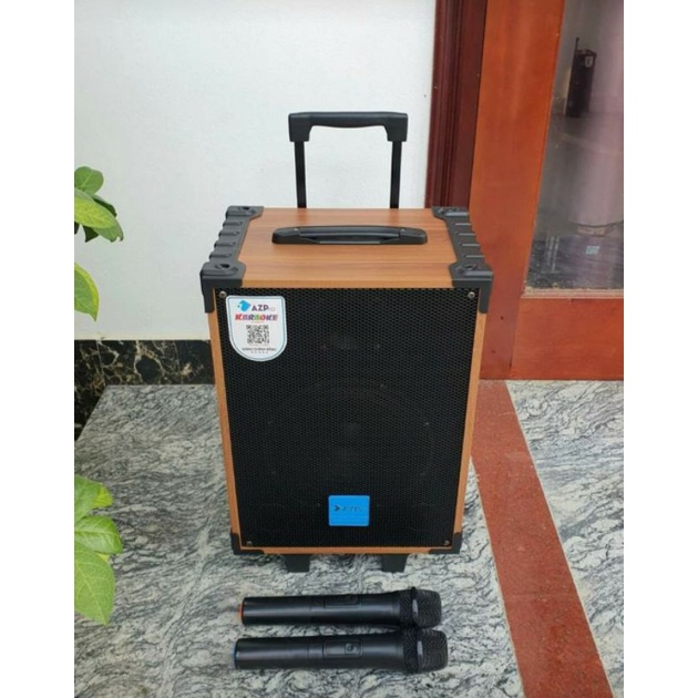 Loa kéo karaoke mini Azpro Az8 bluetooth 2 mic Loa kéo di động thùng gỗ giá tốt