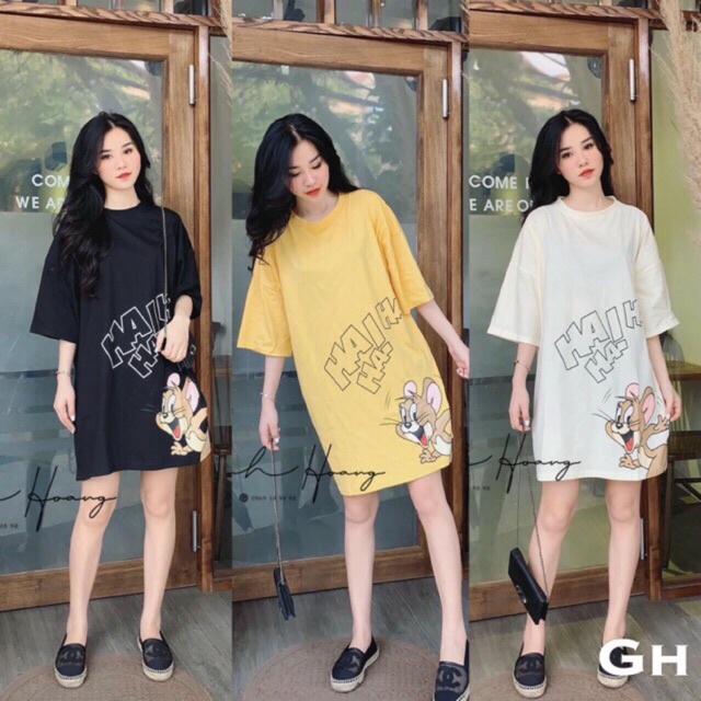 Váy suông cotton from rộng cổ tròn in hình bé chuột jeny - Đầm ngủ xuông giấu quần chữ HAHA ba màu xinh xắn