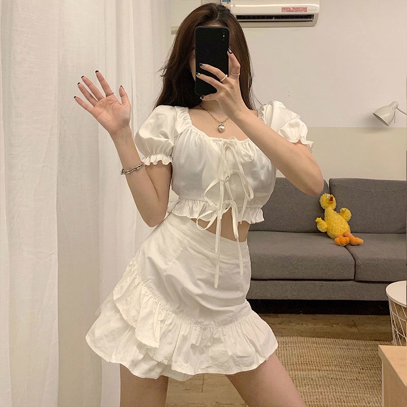 Áo sơ mi ngắn tay áo sơ mi A-Line Bộ quần áo thời trang nữ cạp cao màu trắng Ruffle