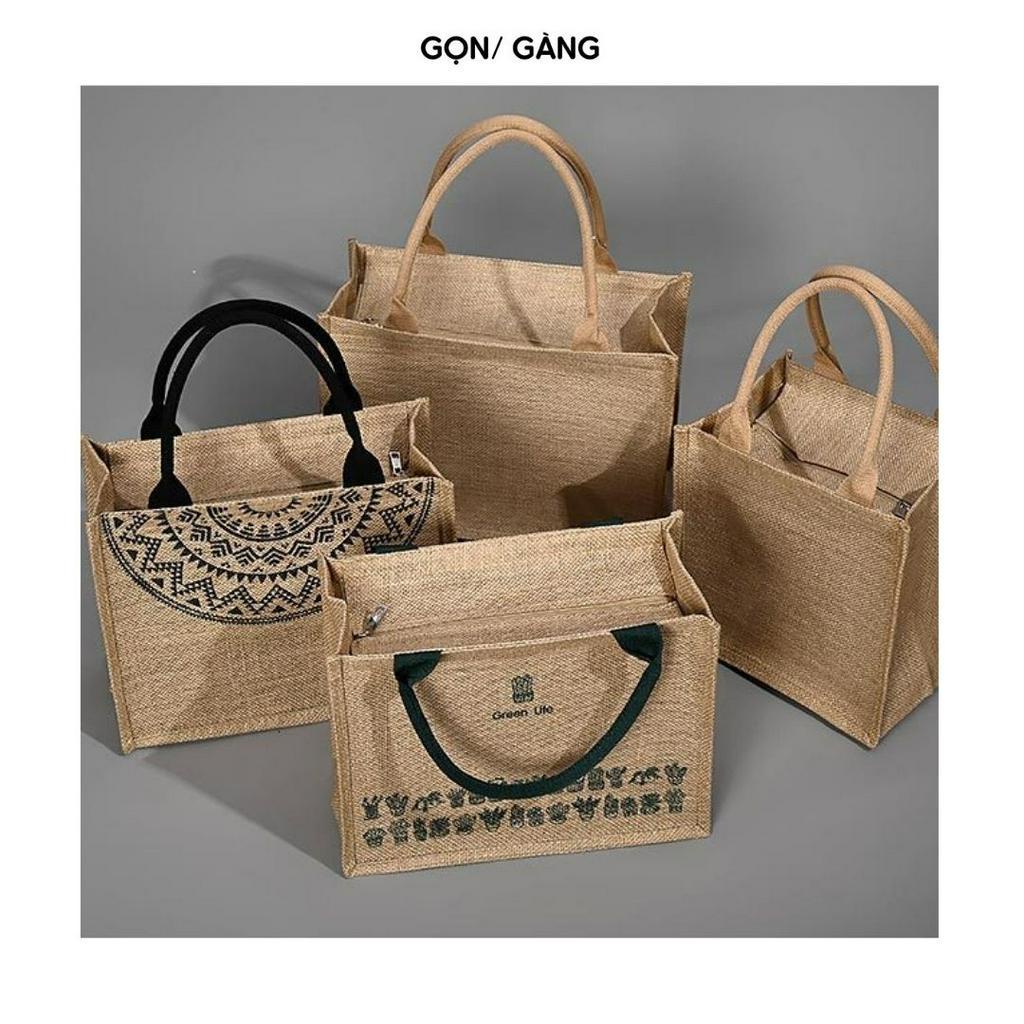 Túi cói vintage có khóa đựng quần áo A4 chống nước túi du lịch họa tiết đi biển đi làm đi học túi xách nữ Gọn Gàng