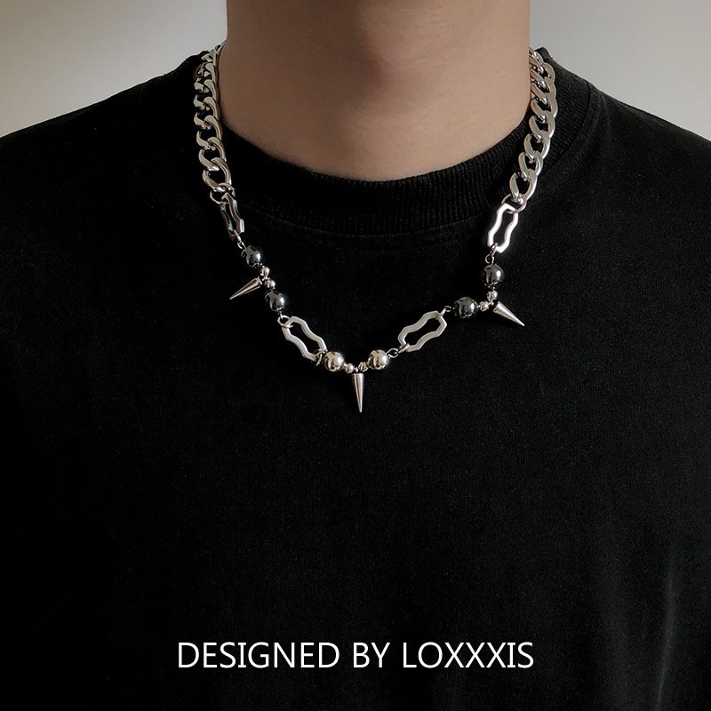 Vòng cổ Thép Titan Đính Hạt Tròn Đen Phong Cách punk