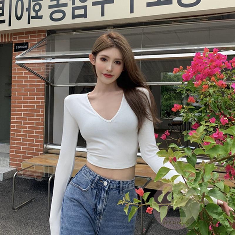 Áo Thun Dài Tay Cổ Chữ V Màu Trơn Thiết Kế Mỏng Năng Động Thời Trang Dành Cho Nữ