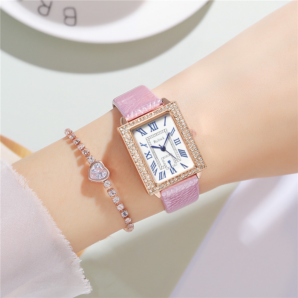 Đồng Hồ Quartz Mặt Chữ Nhật Đính Đá Dây Da Thời Trang