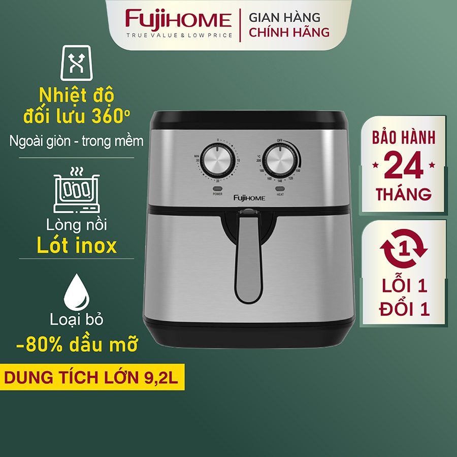 Nồi chiên không dầu 9.2L Nhập Khẩu Nhật Bản FUJIHOME tự ngắt tặng kèm gắp, Nồi chiên không khí cơ không hơi nước 9 lít