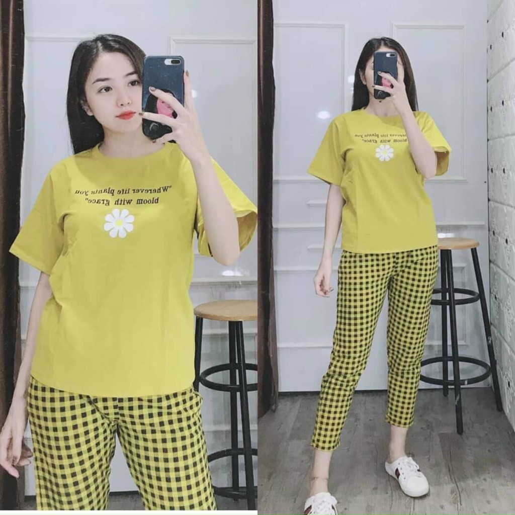 Đồ bộ nữ set bộ dài mặc nhà đẹp caro hoa cúc thể thao [Video thật]  Đồ bộ cotton nữ bigsize (45 -85kg) Đồ bộ thun nữ