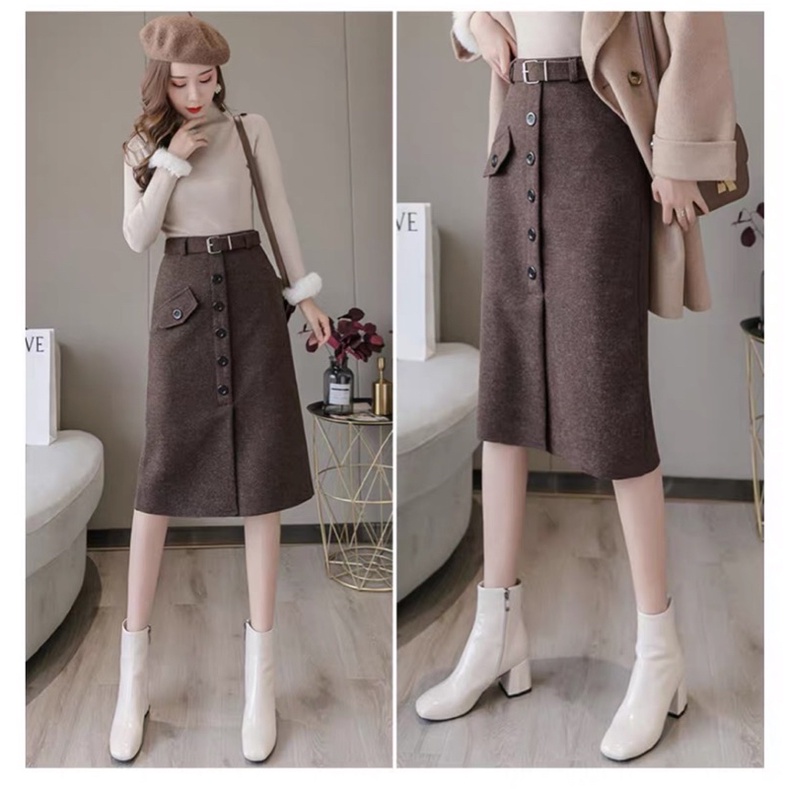 Chân váy dạ dáng dài khuy trước kèm đai, Chân váy dáng dài cạp cao hàng Quảng Châu CV1834 | BigBuy360 - bigbuy360.vn