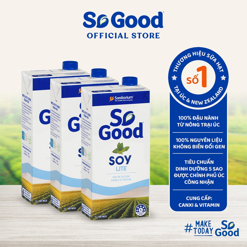 Combo 3 hộp hạt sữa đậu nành ít béo SO GOOD 1 Lít calo thấp, bổ sung canxi và vitamin, phù hợp ăn kiêng
