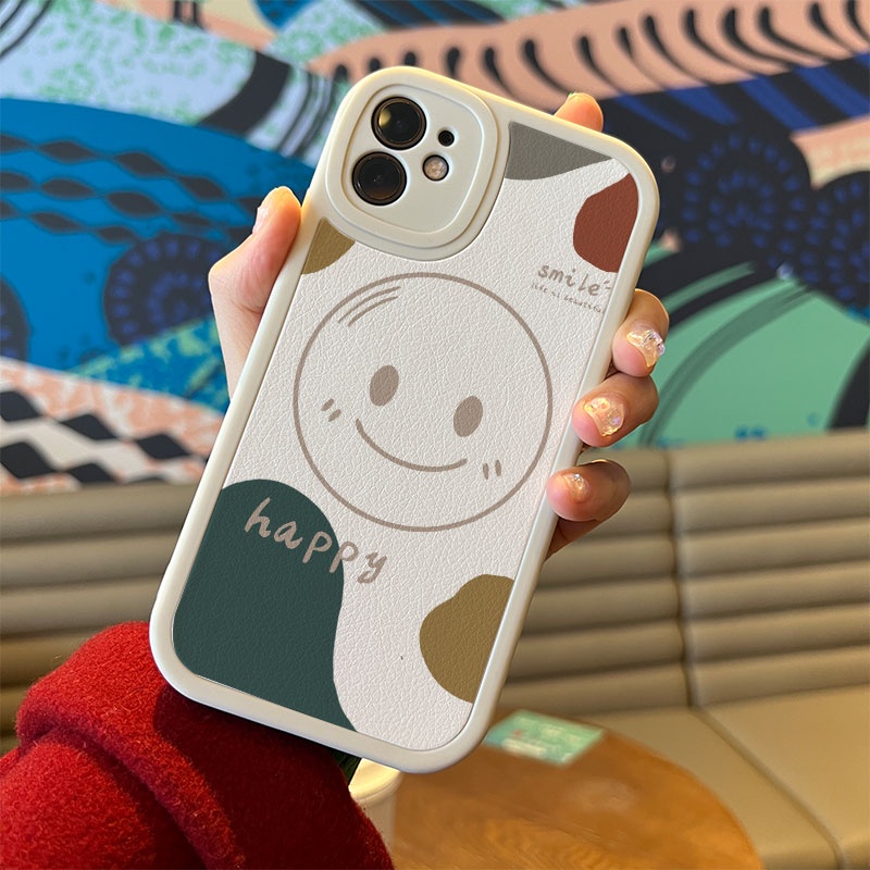 Ốp Điện Thoại TPU + Da Hình Mặt Cười Cho iPhone 14 11 12 13 Pro Max XS X XR XS Max 7 8 6 6s Plus SE 2020 2022