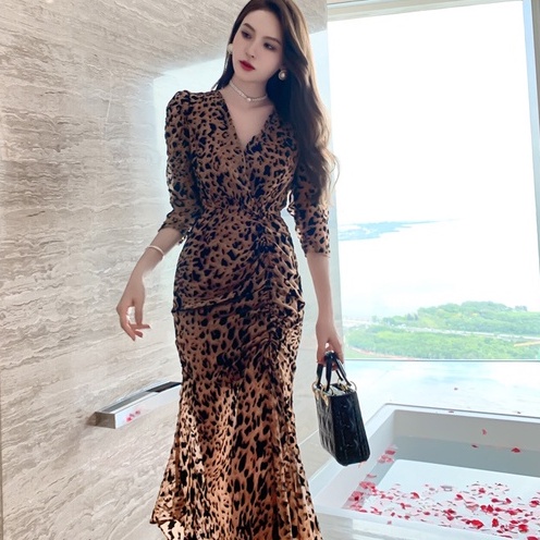Váy Nữ Dáng Ôm - Đầm Body Rút Dây Họa Tiết Da Báo 2 Lớp Chất Voan Lụa Cao Cấp