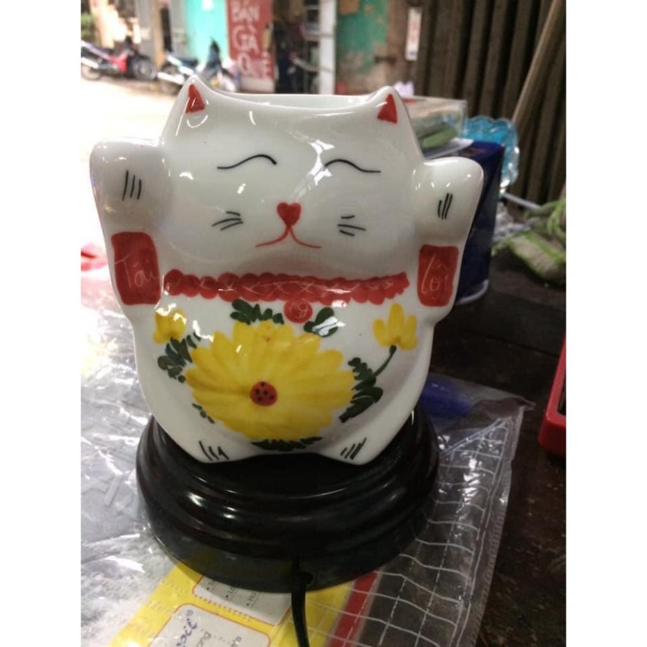 Đèn Xông Tinh Dầu Cỡ Lớn Hình Mèo Thần Tài, Gốm Thấu Quang Bát Tràng kĩhs thước 15x13cm