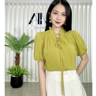 Áo sơ mi nữ hè Lamia Design SM328 màu vàng xanh bèo nhún