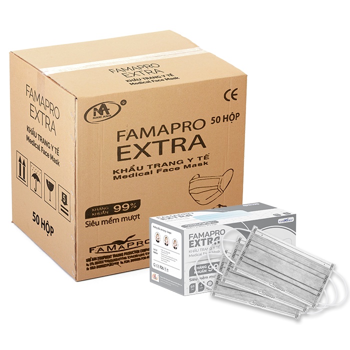 [EXTRA- THÙNG 50 HỘP] Khẩu trang y tế cao cấp kháng khuẩn 4 lớp Famapro Extra (50 cái/hộp)