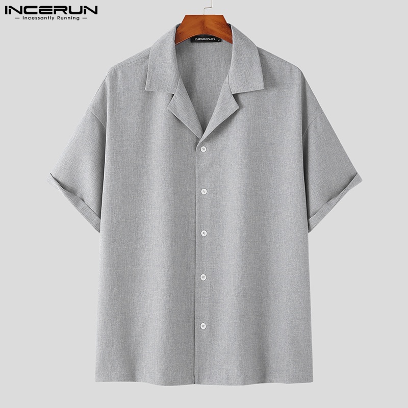 Áo sơ mi INCERUN tay ngắn màu trơn có nút cài thời trang cho nam