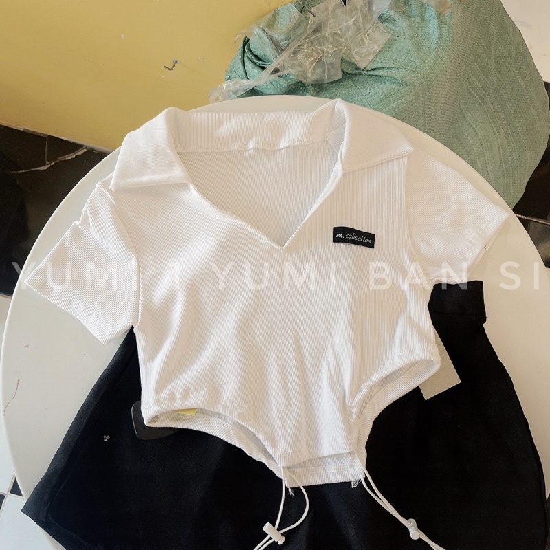 Áo Croptop Nữ Ôm Body Ngắn Tay YUMI BÁN SỈ áo Polo Khoét Eo Rút Dây