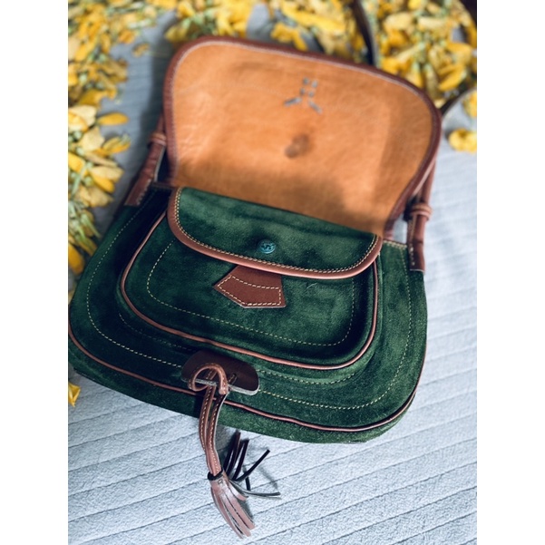 SALE- túi si da lộn phối da mộc xanh rêu