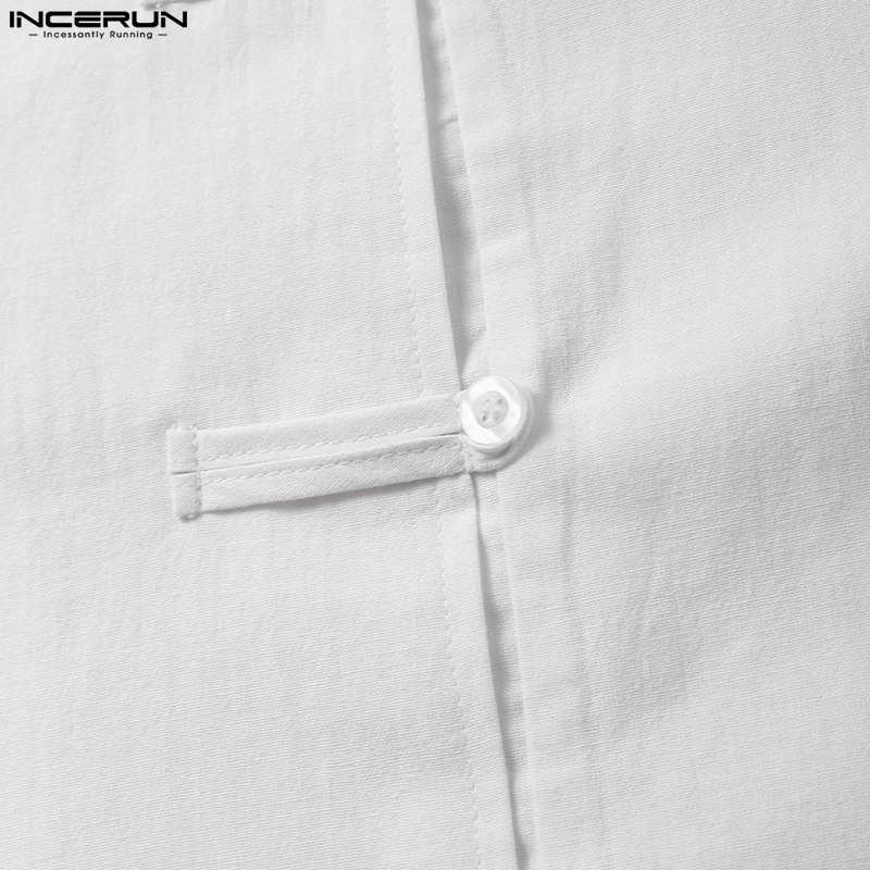 Áo sơ mi Incerun bằng cotton ngắn tay cổ đứng phối nút phong cách cổ trang Trung Hoa dành cho nam