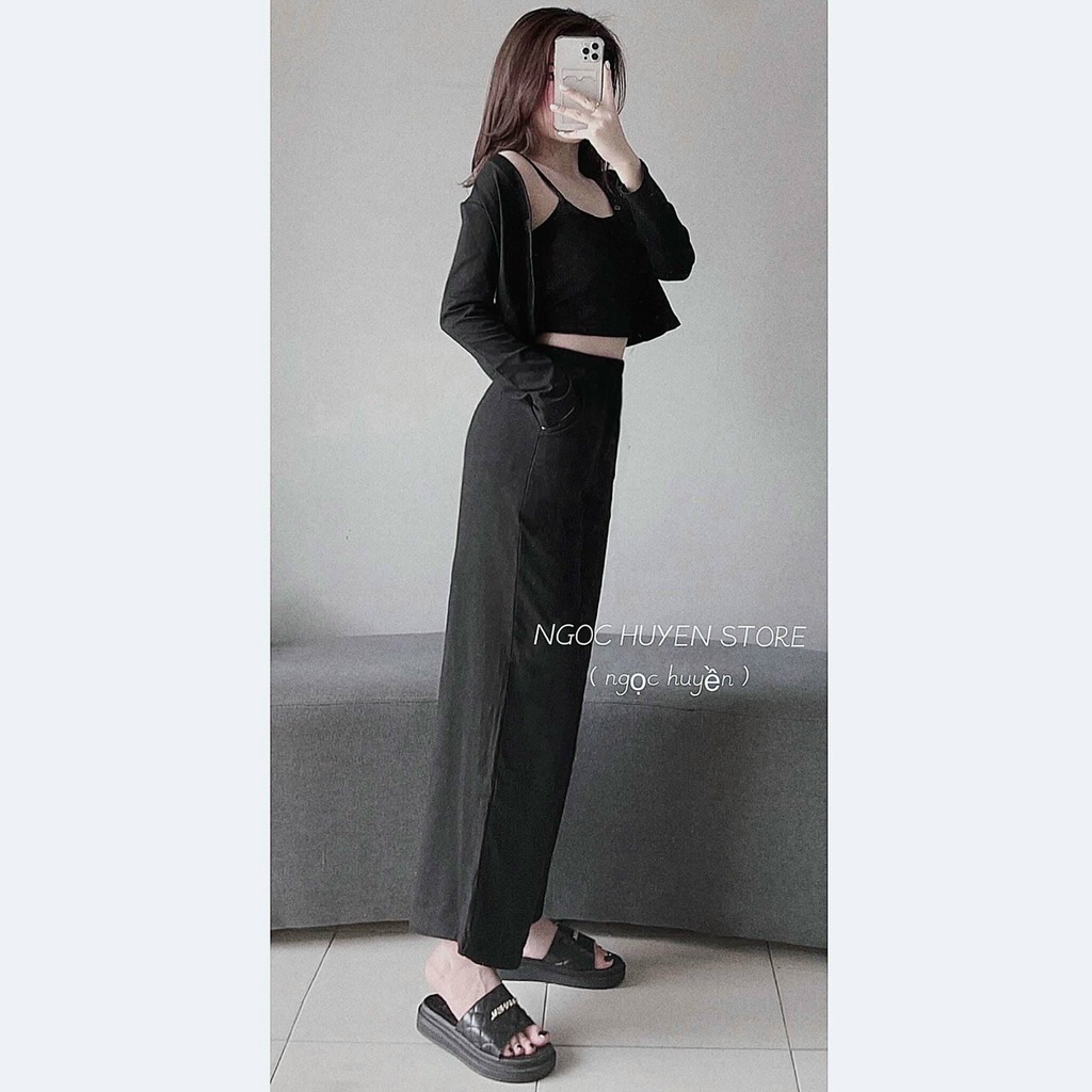 Set bộ áo 2 dây mix quần dài thun năng động, trẻ trung kết hợp thêm áo khoác phối ngoài thời trang nữ