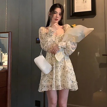 Hàng Mới Về Đầm Ngắn Chữ a Tay Dài Cổ Vuông Nhấn Eo Thời Trang Mùa Thu Hàng Mới