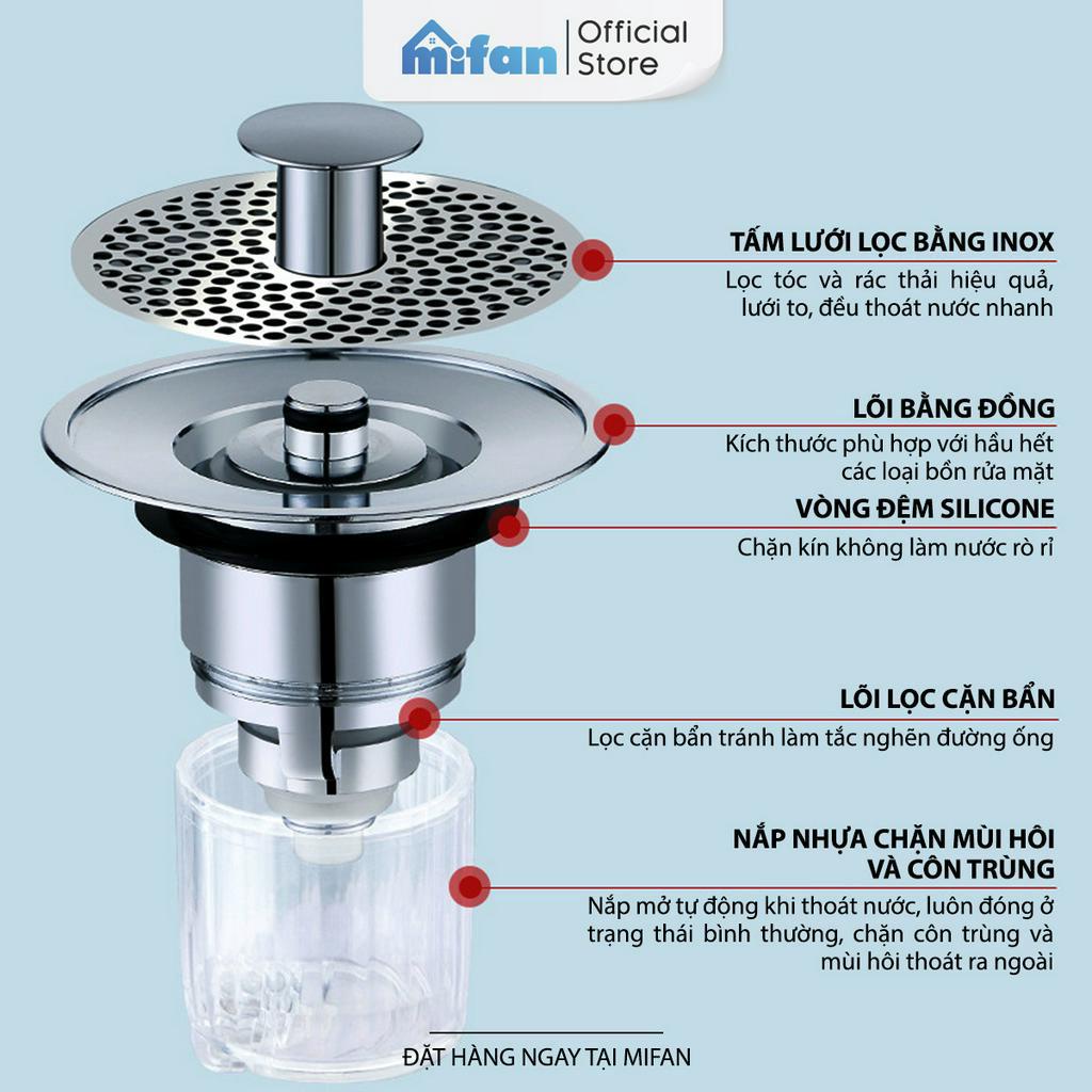 Nút chặn lỗ thoát nước bồn rửa mặt nhà tắm cao cấp Mifan - Ngăn mùi hôi, gián, côn trùng, chắn rác chống tắc đường ống