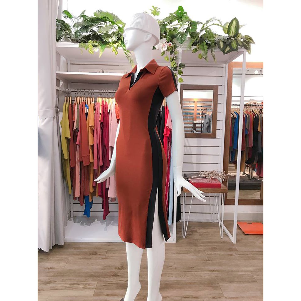 624 - Đầm ôm body form dài, cổ sơ mi, tay ngắn, phối sọc 2 bên suờn xẻ sườn trái