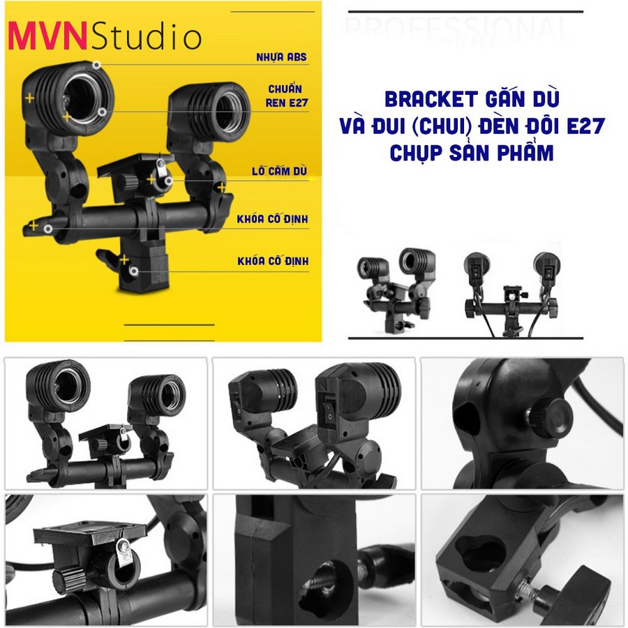 MVN Studio - Bracket gắn dù và đui  đèn đôi E27 chụp sản phẩm - hàng chính hãng Refutuna