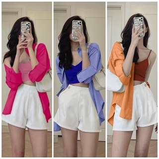 Set 3 món sơ mi xanh cốm cổ đức phối áo dây trà kèm sooc trắng
