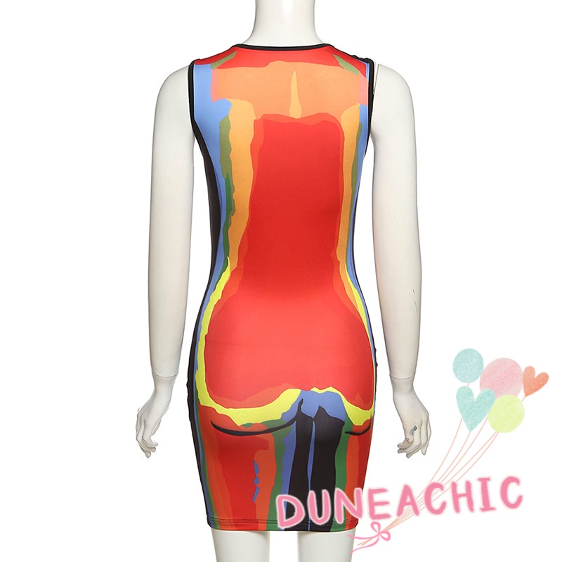 DUNEA Đầm Sát Nách In Họa Tiết 3D Màu Sắc Tương Phản Quyến Rũ Cho Nữ