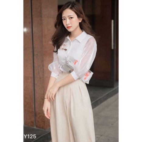 Áo sơmi đính hoa tay phối Y125