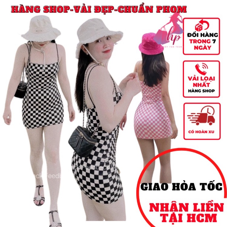 Váy đầm nữ 2 dây caro dây bún dáng ngắn ôm body dự tiệc sang chảnh kiểu hàn quốc VD217 -mộc miên