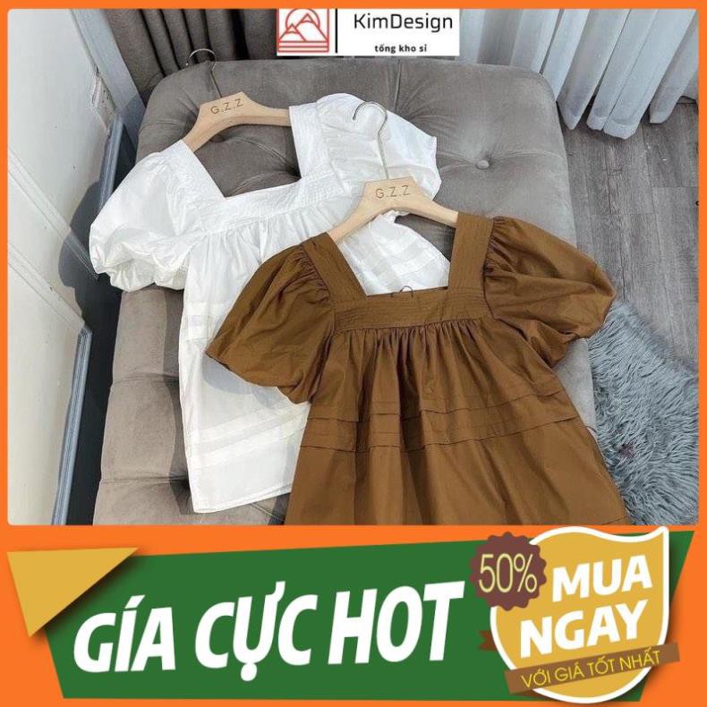 Áo babydoll trắng cổ vuông tay bồng, Áo kiểu nữ đẹp tay ngắn KimDesign chất thô mềm freesize QATE A1 *