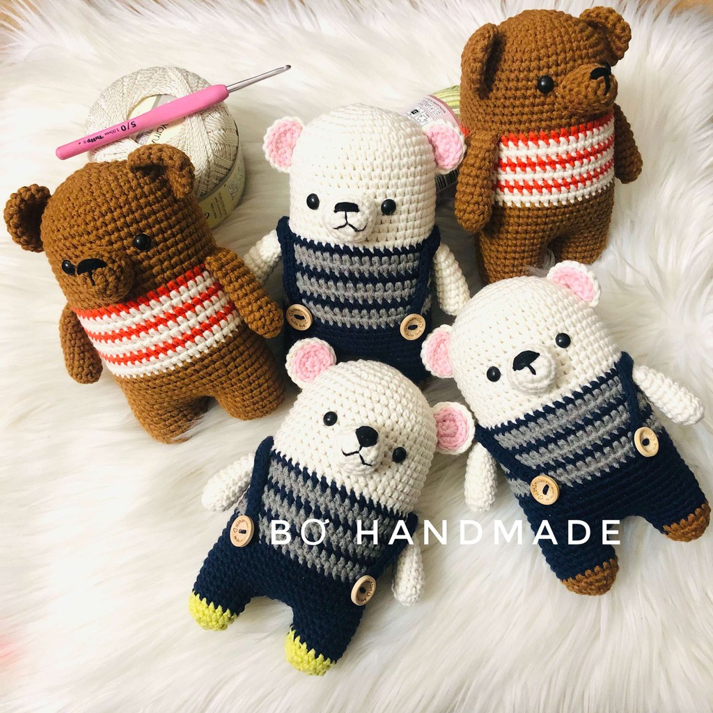 Gấu❤️ (Lùn)  ❤nhồi bông chế tác bằng len handmade sợi cotton 100%  cực xinh cho bé sách tay - bóng - bền - đẹp - an toàn