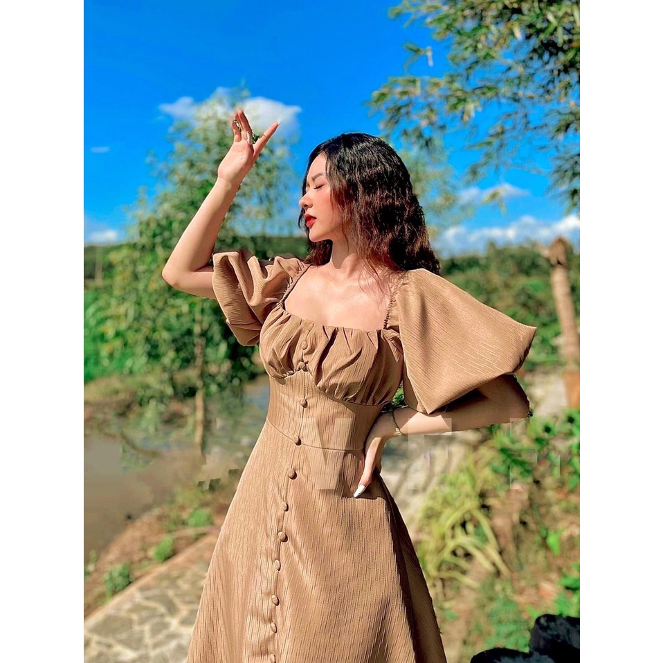 ĐẦM MIDI XƯỢC VẢI NÚT BỌC TAY PHỒNG XẺ TÀ TRƯỚC MS61