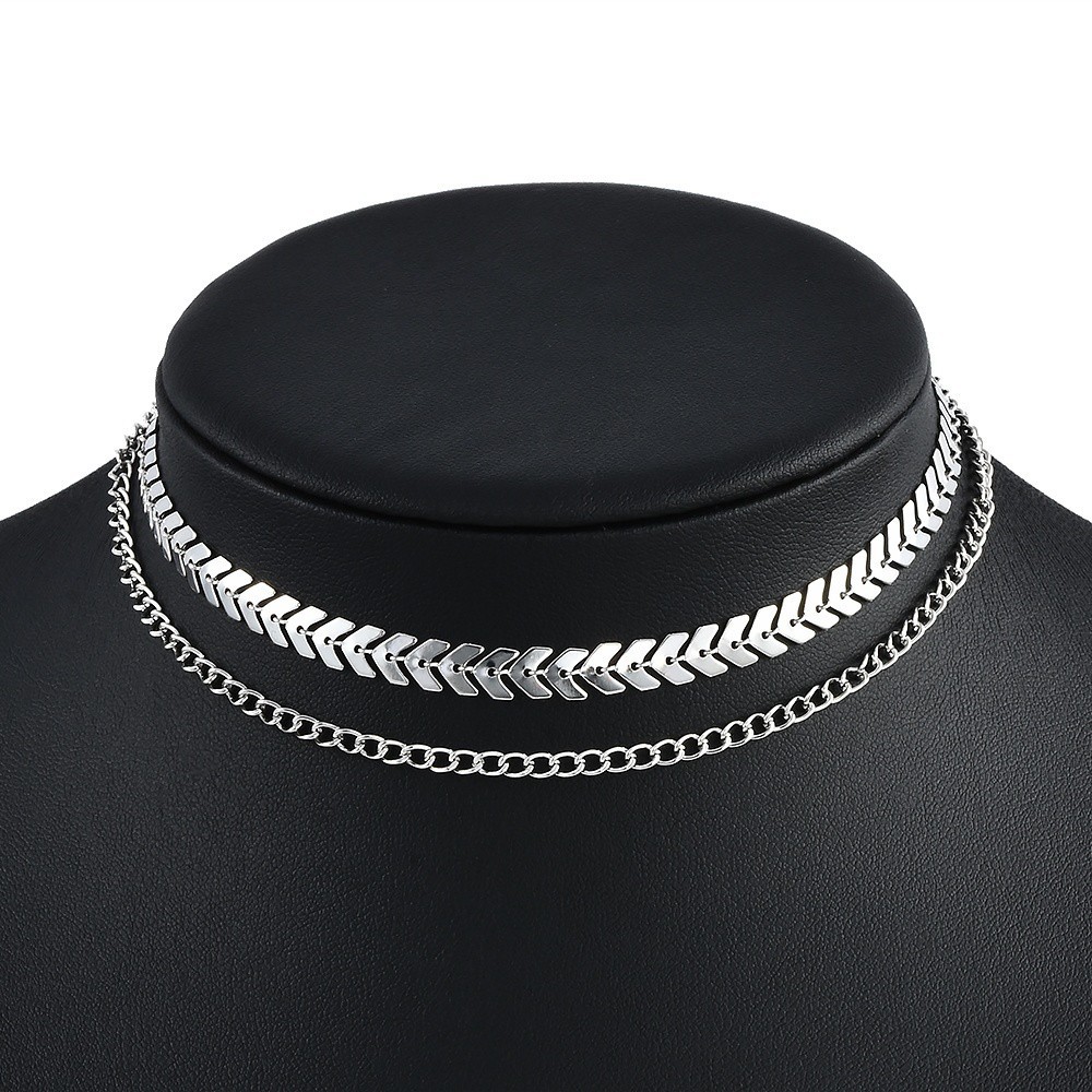 Vòng cổ choker bằng kim loại thiết kế 2 dây hình chuỗi lá đơn giản